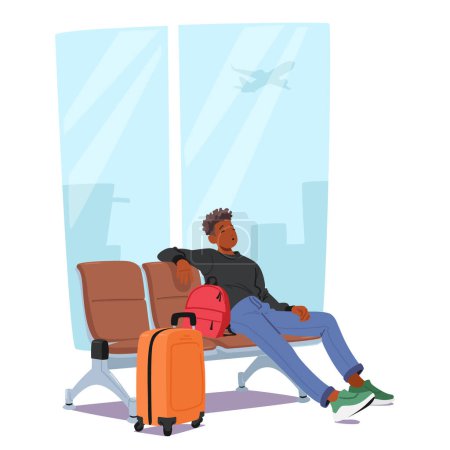 Téléchargez les illustrations : Personnage masculin assis sur une chaise à l'aéroport, entouré de bagages, homme dormant et et semblent profiter de la détente avant l'embarquement. Illustration vectorielle des personnages de bande dessinée - en licence libre de droit