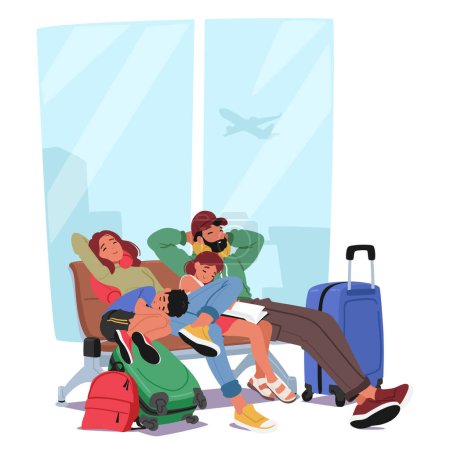 Personajes de la familia reunidos en un banco en el aeropuerto, con su equipaje esparcido alrededor de ellos. Padres y niños pequeños que duermen antes de sus aventuras de viaje. Dibujos animados Gente Vector Ilustración