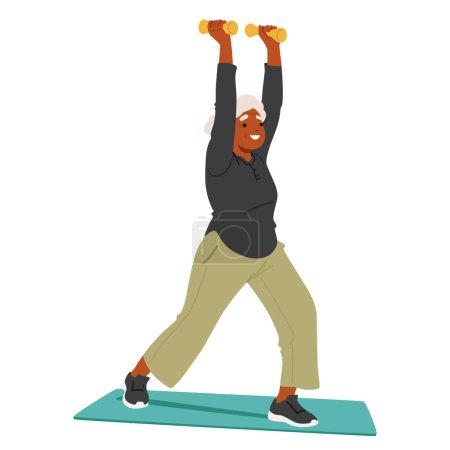 Illustration for Healthy Elderly Woman In Sportswear Lifting Dumbbells On A Yoga Mat. Old Black Female Character Looks Happy And Focused, With Her Elbow And Knee In Proper Alignment. Cartoon People Vector Illustration - Royalty Free Image