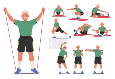 Old Male Character Sport Exercises Vector Set. Whitehaired Elderly Man, Exercising His Arm Joints With A Resistance Band, Squatting, Workout with Stretching Band, Lifting Dumbbells, Meditate or Bend