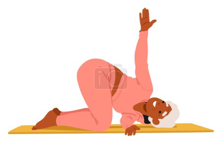 Mujer mayor activa en ropa deportiva rosa haciendo ejercicio en la estera con la rodilla y el muslo doblados, codos en el suelo, sus movimientos suaves que encarnan fuerza y resistencia. Dibujos animados Gente Vector Ilustración