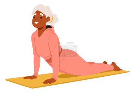 Ältere Frau praktiziert glücklich Yoga auf einer Matte, weiblicher Charakter im schwarzen Alter in einer bequemen Pose oder Asana, die die Kunst der Entspannung und Flexibilität verkörpert. Cartoon People Vektor Illustration