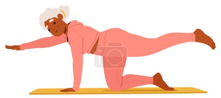 Illustration for Elderly Black Woman in Pink Sportswear Is Striking A Yoga Pose On A Mat. Active Aged Female Character Stretching Body and Exercising for Healthy Lifestyle. Cartoon People Vector Illustration - Royalty Free Image