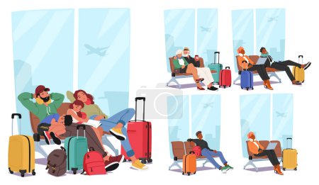 Illustration for People With Luggage Sitting On Benches At Airport, Seeking Comfort Amidst The Buzz Of Announcements And Flickering Lights. Characters Sprawl Across Chairs In Waiting Area. Cartoon Vector Illustration - Royalty Free Image
