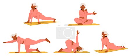 Ilustración de Mujer mayor en estera en varias posturas de yoga. Antiguo personaje femenino Practica Asana con Feliz Expresión Facial y Gestos Equilibrados Crea Hermoso Arte De Movimiento. Dibujos animados Gente Vector Ilustración - Imagen libre de derechos