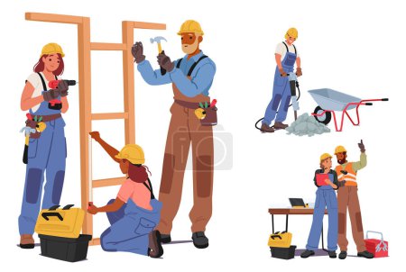 Illustration for Professional Industrial Construction Workers, Builders, And Repairman Employees at Work. Women And Men In Helmets and Uniform Building and Repair Working Activities. Cartoon People Vector Illustration - Royalty Free Image