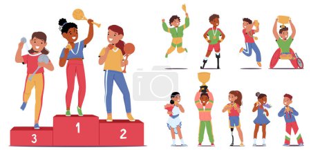 Illustration for Group Of Happy Children Winners. Healthy and Handicapped Kids On A Podium with Trophies And Medals. Their Faces Express Joy And Excitement, Showcasing The Fun And Youth Of Their Achievements, Vector - Royalty Free Image