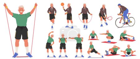 Téléchargez les illustrations : Elderly Man In A Jersey Doing Various Exercises. Fit Aged Male Character Engaging In Different Sports, Showcasing His Love For Recreation And Healthy Lifestyle. Cartoon People Vector Illustration - en licence libre de droit