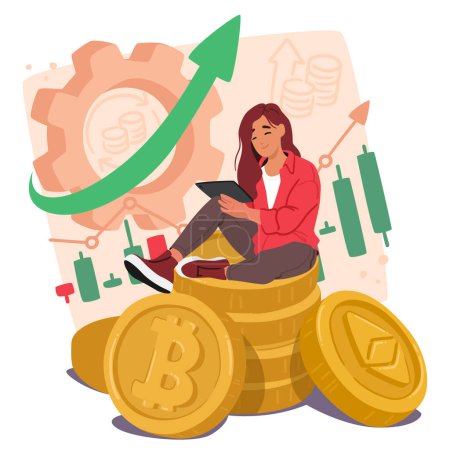Illustration for Female Trader Sitting on Huge Cryptocurrency Pile of Coins with Tablet Pc, Engages In Buying And Selling Assets On Various Exchanges, Utilizing Market Analysis, Technical Indicators, Trading Strategy - Royalty Free Image