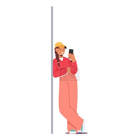 Illustration for Young Woman In Modern Wear Leaning Against A Wall, Holding A Cell Phone. Female Character Wears A Stylish Hat And Her Elbow Rests On Her Waist With A Casual Gesture. Cartoon People Vector Illustration - Royalty Free Image