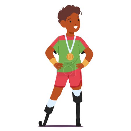 Junge Sportler mit Beinprothese, bekleidet mit einer Uniform, trägt eine Medaille um den Hals, Symbol seiner Tapferkeit und Belastbarkeit. Kindercharakter-Champion oder Gewinner. Cartoon People Vektor Illustration