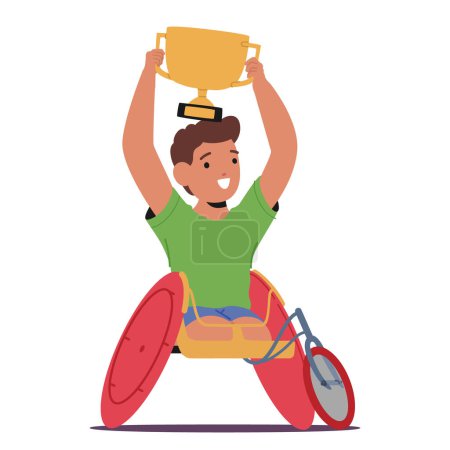 Happy Handicapped Boy Character In A Wheelchair Holding A Trophy Over His Head. Shows A Gesture Of Joy And Success. Sports Child Winner Radiating Pride And Triumph. Cartoon People Vector Illustration