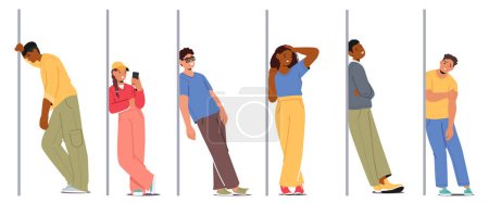 Group Of Characters Wearing Trendy Clothes, Footwear And Hats, Leaning Against A Wall. Their Body Language Showcasing Gestures of Tiredness And Relaxed Postures. Cartoon People Vector Illustration