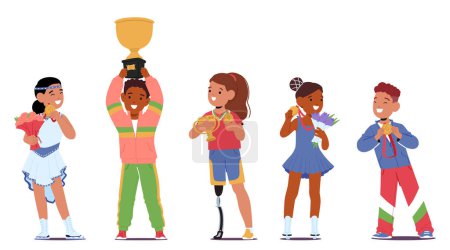 Illustration for Group Of Happy Children Characters Standing Together, Holding Trophies And Medals, Sharing Their Achievements. Heartwarming Scene Of Joyful Kids Celebrating Success. Cartoon People Vector Illustration - Royalty Free Image
