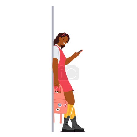 Teenage Girl Character in Casual Clothes with Rucksack Engrossed In Her Smartphone, Leans Against The Wall, Her Eyes Fixed On The Screen, Lost In Digital Connection. Cartoon People Vector Illustration