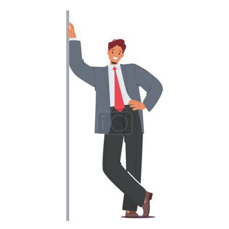 Suited Businessman Leans Against The Wall, His Posture Relaxed, Exuding Confidence, Professionalism And Poised Demeanor. Whitecollar Worker Character in Shirt And Blazer. Cartoon Vector Illustration