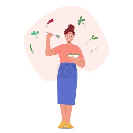 Female Character Holding Bowl mit Micro Greens. Frau knabbert an Mikrogemüse, genießt ihren frischen Crunch und intensiven Geschmack und sorgt für gesunde Essgewohnheiten. Cartoon People Vektor Illustration