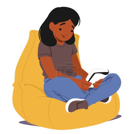 Téléchargez les illustrations : Young Girl Character Engrossed In A Book Sitting on Bean Bag, Her Eyes Wide With Wonder As She Explores Imaginary Worlds Through The Pages, Lost In Magic Of Reading. Cartoon People Vector Illustration - en licence libre de droit