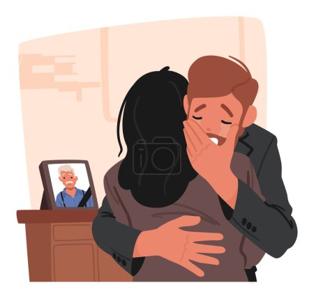 Illustration for Couple Characters Mourns The Loss Of Their Father, Sharing Tears And Memories, Finding Solace In Each Others Embrace During This Time Of Profound Sorrow. Cartoon People Vector Illustration - Royalty Free Image