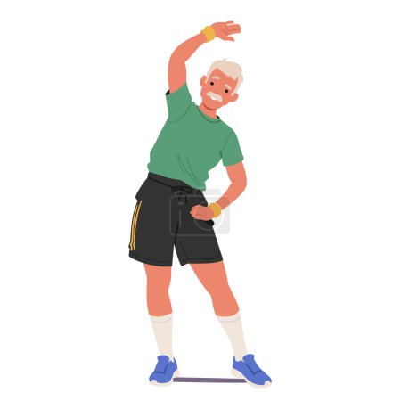 Illustration for Elderly Man In Sportswear Is Stretching, Old Fit Male Character Do Bends Embodies An Active, Healthy Lifestyle, Promoting Flexibility Through Bending Exercises. Cartoon People Vector Illustration - Royalty Free Image