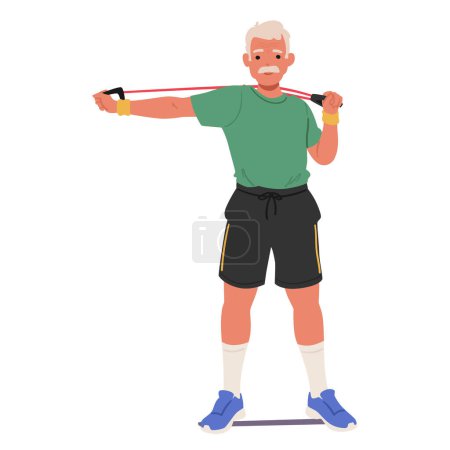 Illustration for Elderly Man in Sportswear Using A Resistance Band For Exercises and Training at Home. Active Aged Male Character Promotes Healthy Lifestyle, Wellness And Vitality. Cartoon People Vector Illustration - Royalty Free Image