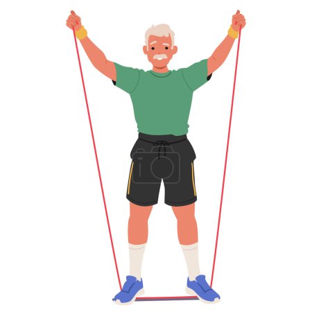 Ilustración de Anciano vistiendo pantalones cortos, calzado y camiseta haciendo ejercicio con una banda de resistencia, centrándose en sus músculos de pierna y brazo. Ajuste Envejecido Masculino Personaje Hacer Ejercicios. Dibujos animados Gente Vector Ilustración - Imagen libre de derechos