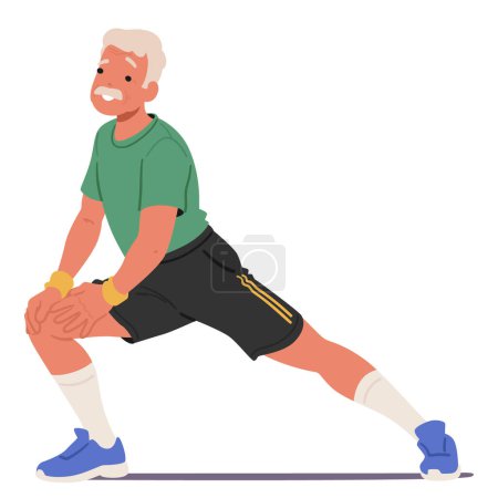 Illustration for Elder Man Stretching Legs, Depicts A Commitment To A Healthy Lifestyle, Promoting Flexibility, Mobility, And Overall Wellbeing. Aged Fit Male Character Exercises. Cartoon People Vector Illustration - Royalty Free Image