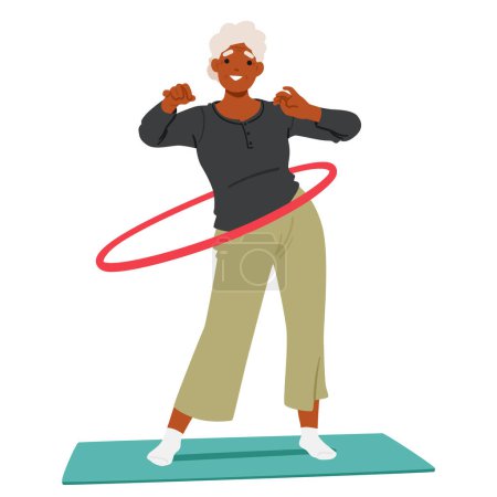Mujer mayor es elegantemente Hula Hooping en una estera de yoga, mostrando su equilibrio y flexibilidad. Caracter gira el aro alrededor de su cintura con gestos sin esfuerzo. Dibujos animados Gente Vector Ilustración