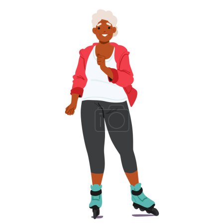 Illustration for Aged Black Woman Wearing Sportswear, Rollerblading And Giving Smiling Isolated on White Background. Old Female Character Engages in Healthy and Active Lifestyle. Cartoon People Vector Illustration - Royalty Free Image