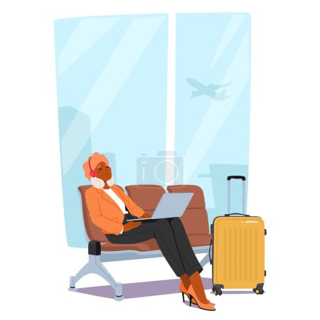 Téléchargez les illustrations : Femme assise confortablement sur le banc à l'aéroport, en utilisant un ordinateur portable. Caractère féminin détendu avec valise en attente de l'embarquement à l'avion dans la zone terminale. Illustration vectorielle des personnages de bande dessinée - en licence libre de droit