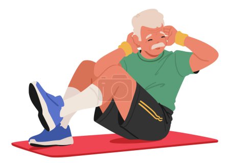 Illustration for Elderly Man Character Is Happily Sitting On A Yoga Mat, Doing Arm Exercises And Stretching His Knee, Weathered Face Serene, Eyes Closed In Peaceful Concentration. Cartoon People Vector Illustration - Royalty Free Image