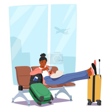 Illustration for Woman Is Comfortably Sitting With Smartphone and Her Feet Up In An Airport Waiting Area, Beside A Suitcase. Character Relax While Waiting For The Boarding Call. Cartoon People Vector Illustration - Royalty Free Image