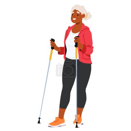Illustration for Elderly Black Woman in Sportswear Walking With Nordic Poles. Old Active Female Character Smiles And Propel Herself Forward In Gesture Of Strength And Determination. Cartoon People Vector Illustration - Royalty Free Image