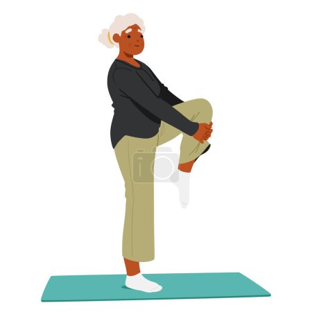 Ilustración de Mujer mayor demostrando su equilibrio y flexibilidad al pararse sobre una pierna en una esterilla de yoga con los brazos sosteniendo una rodilla. El carácter femenino se ve enfocado y tranquilo. Dibujos animados Gente Vector Ilustración - Imagen libre de derechos