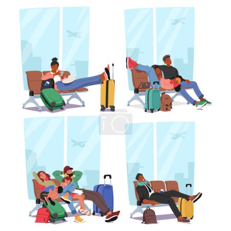 Téléchargez les illustrations : Groupe de voyageurs avec valises attendent sur les bancs à l'aéroport. Caractères masculins et féminins entourés de bagages Dormir et se détendre avant le vol. Illustration vectorielle des personnages de bande dessinée - en licence libre de droit