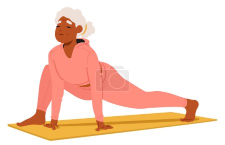 Téléchargez les illustrations : Femme âgée pratique avec bonheur le yoga, jambes tendues sur son tapis avec un sourire serein. Caractère féminin incorporant la vitalité et la grâce de tranquillité dans sa pratique. Illustration vectorielle des personnages de bande dessinée - en licence libre de droit