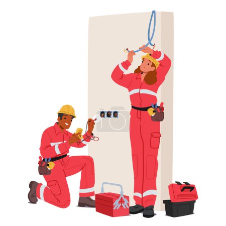 Illustration for Electrician Characters Repairing And Installing Electrical Wiring System. Workman Fixing Wires And Cables With Tools. Handyman Working With Electricity Isolated On White. Cartoon Vector Illustration - Royalty Free Image