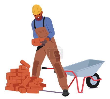 Illustration for Construction Worker Male Character Wearing Workwear, Helmet, And Gloves Protection, Carrying Bricks In A Wheelbarrow. Black Man Builder Working on Construction Site. Cartoon People Vector Illustration - Royalty Free Image