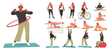 Illustration for Elderly Woman Character Doing Various Exercises Like Stretching, Cardio, Yoga, Pilates, Bicycling and Rollerblading. Concept of Joy, Vitality and Active Old Ages. Cartoon People Vector Illustration - Royalty Free Image