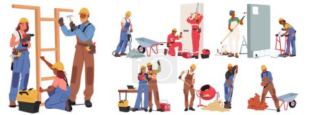 Professionelle Bauarbeiter, Bauarbeiter und Reparaturarbeiter bei der Arbeit. Frauen und Männer Industriearbeiter in Helmen und einheitlichen Bautätigkeiten. Cartoon People Vektor Illustration
