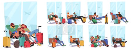 Illustration for Set of People Characters Sprawl Across Seats In Airport Terminal Waiting Area, Slumped Against Luggage, Seeking Rest, Their Dreams Drifting Amidst The Hum Of Departure. Cartoon Vector Illustration - Royalty Free Image