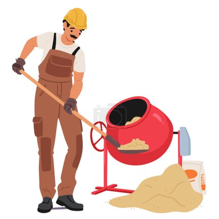 Illustration for Construction Worker In Protective Gear Operating A Cement Mixer Filled With Concrete Materials. Worker Character Perform Tasks While Following Necessary Safety Measures Cartoon Vector Illustration - Royalty Free Image