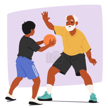Senior Man And Young Boy In Playful Basketball Match, Concept of Intergenerational Connection And The Joy Of Sport At Any Age with Grandfather and Child Characters. Cartoon People Vector Illustration