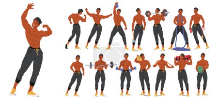 Ilustración de Happy, Muscular Bodybuilder Man Doing Exercises. Atleta escaparate esculpido físico a través de posturas precisas, haciendo hincapié en la definición muscular y la simetría, se centran en la fuerza y el acondicionamiento, conjunto de vectores - Imagen libre de derechos