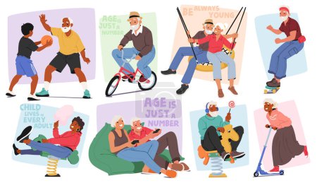 Joyful Senior Characters Engaging In Youthful Activities, Playing Basketball, Cycling, Enjoying Video Games, All Celebrating The Timeless Adage Age Is Just A Number. Cartoon People Vector Illustration