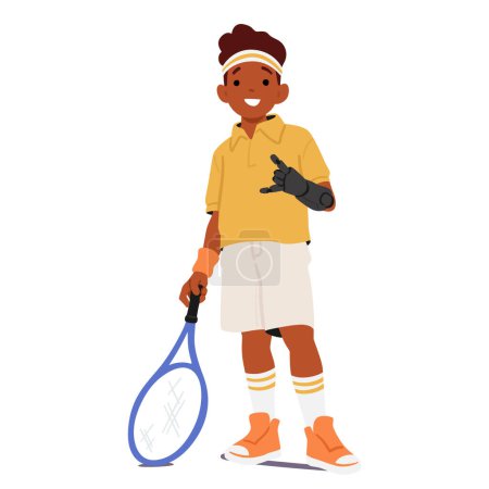 Confident Child With A Prosthetic Arm Stands Ready To Play Tennis, Exuding Joy And Resilience. Child Boy Sporting Gear And A Bright Smile, Young Athletes Overcoming Challenges. Vector Illustration