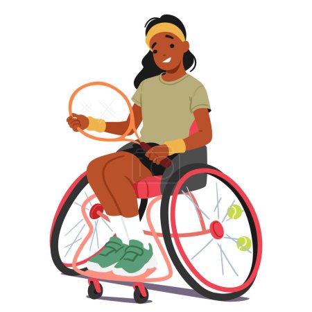 Smiling Black Handicapped Child Girl In A Wheelchair Playing Tennis. She Wears Athletic Clothing And Holds A Racket, Ready To Hit A Ball Isolated on White Background. Cartoon Vector Illustration