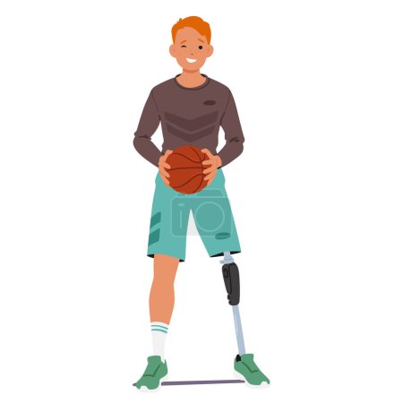 Téléchargez les illustrations : Jeune athlète aspirant avec une jambe prothétique tient un ballon de basket, son visage rayonnant d'un sourire lumineux. Désactiver le caractère enfant illustre le courage et l'enthousiasme pour le sport malgré les défis physiques - en licence libre de droit