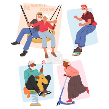 Seniors Embracing The Joy Of Childhood Vector Set. Elderly Couple On A Swing, Man Skateboarding, Woman On A Spring Horse, And Another Gleefully Riding A Scooter, All Under The Motto be Always Young