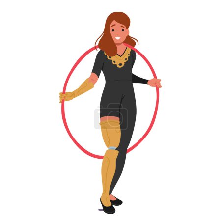Ilustración de Personaje de gimnasta joven sonriente con brazo y pierna protésicos, con aro de hula, vestido con un traje negro, que representa deportes adaptativos y resistencia gozosa. Dibujos animados Gente Vector Ilustración - Imagen libre de derechos